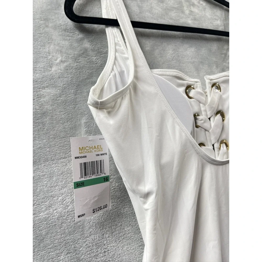 Michael Kors One Piece Swimsuit Women White NWT Lace Up Grommet Sz 16 $